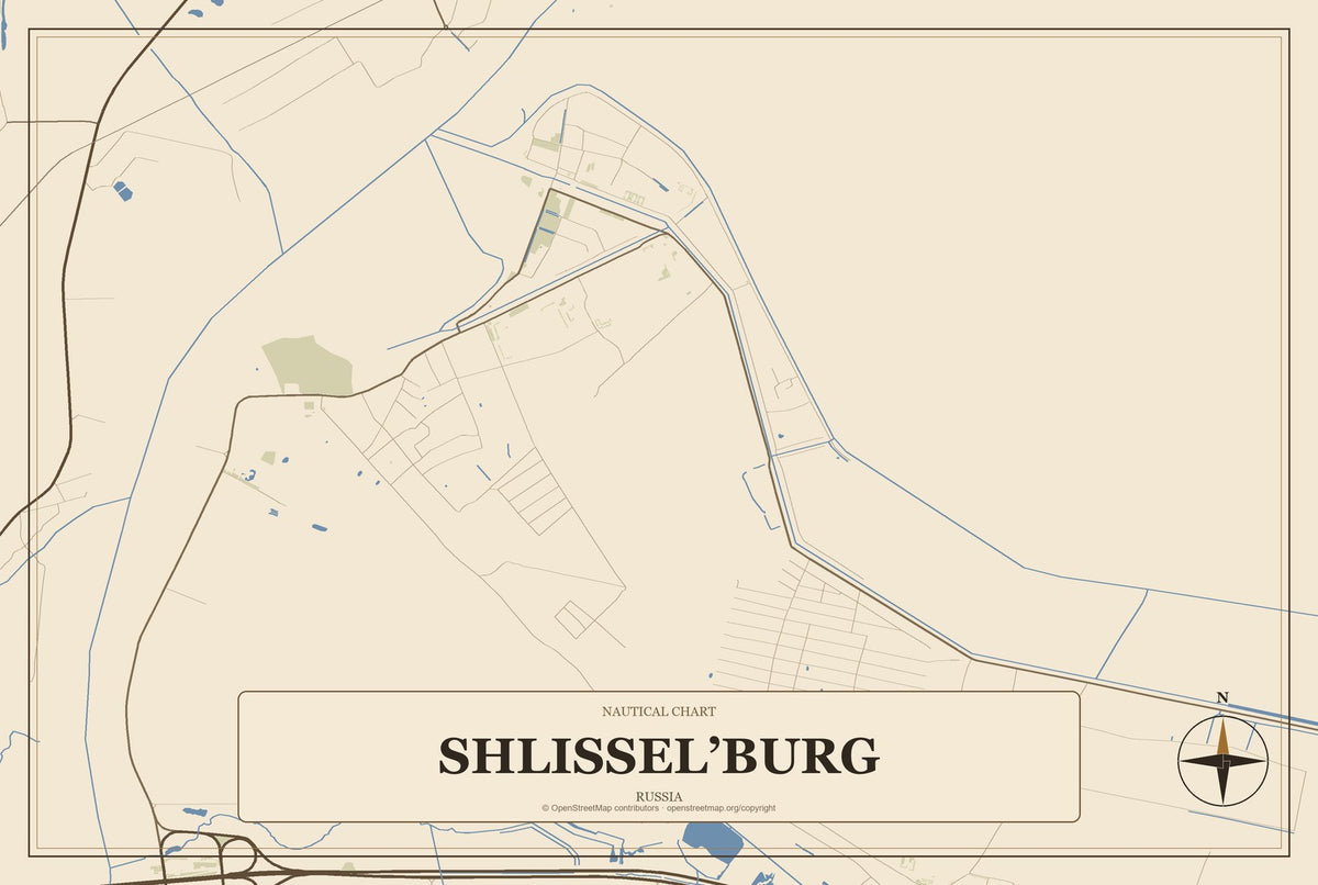 Shlissel’burg, Russia City Map Aluminum Sign in Heritage Nautical style