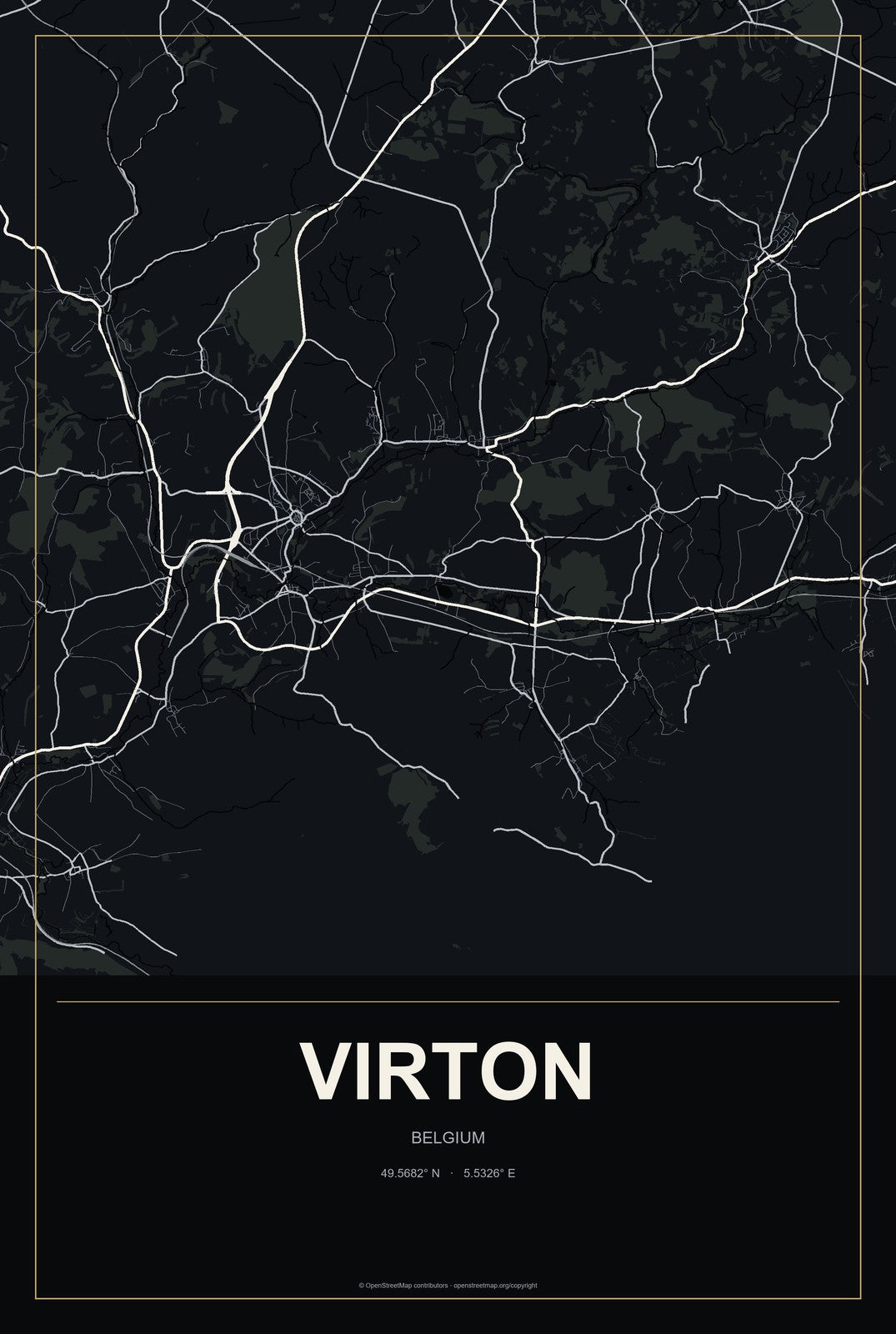 Virton, Belgium City Map Aluminum Sign in Metropolitan Noir style