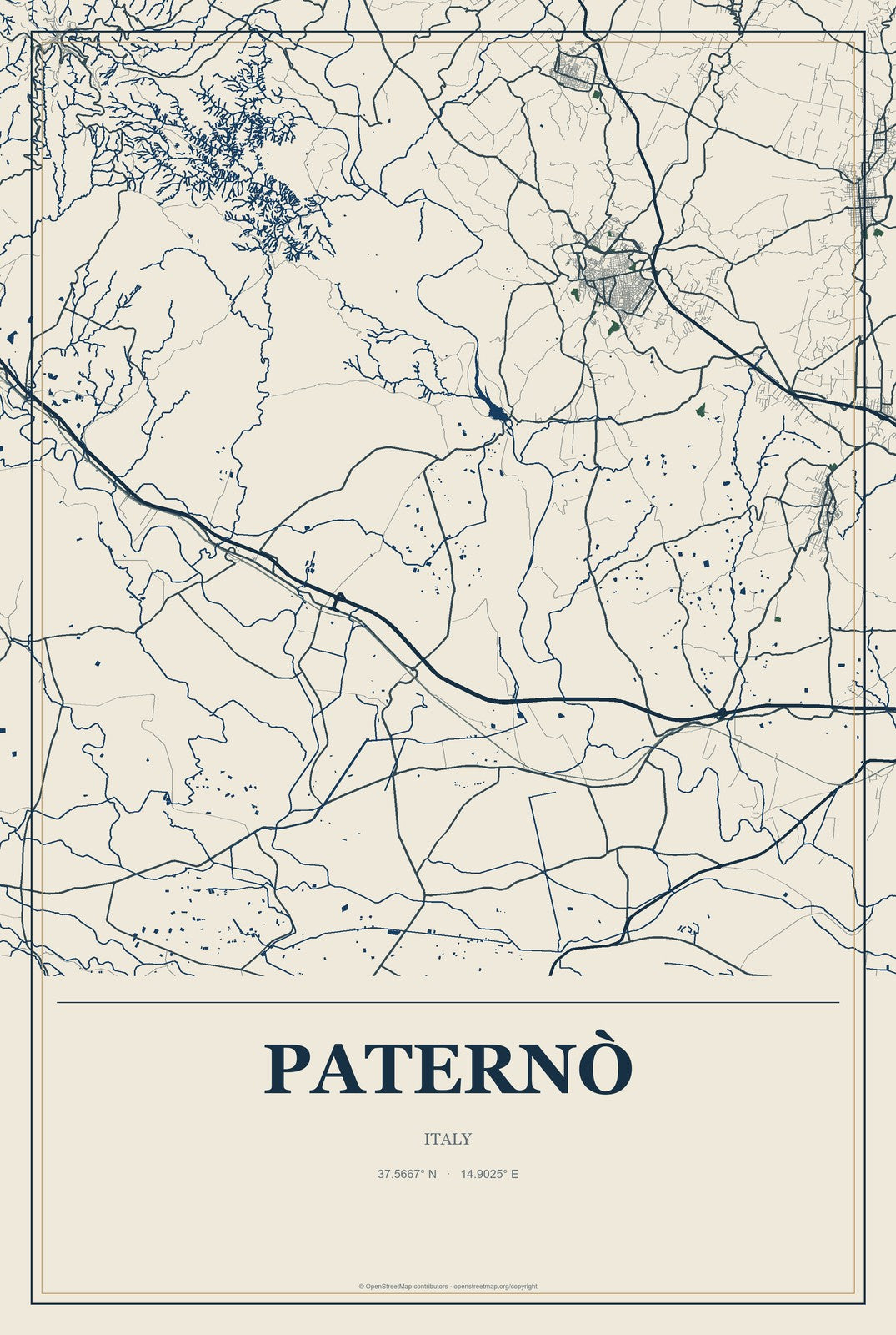 Paternò, Italy City Map Aluminum Sign in Coastal Cutout style