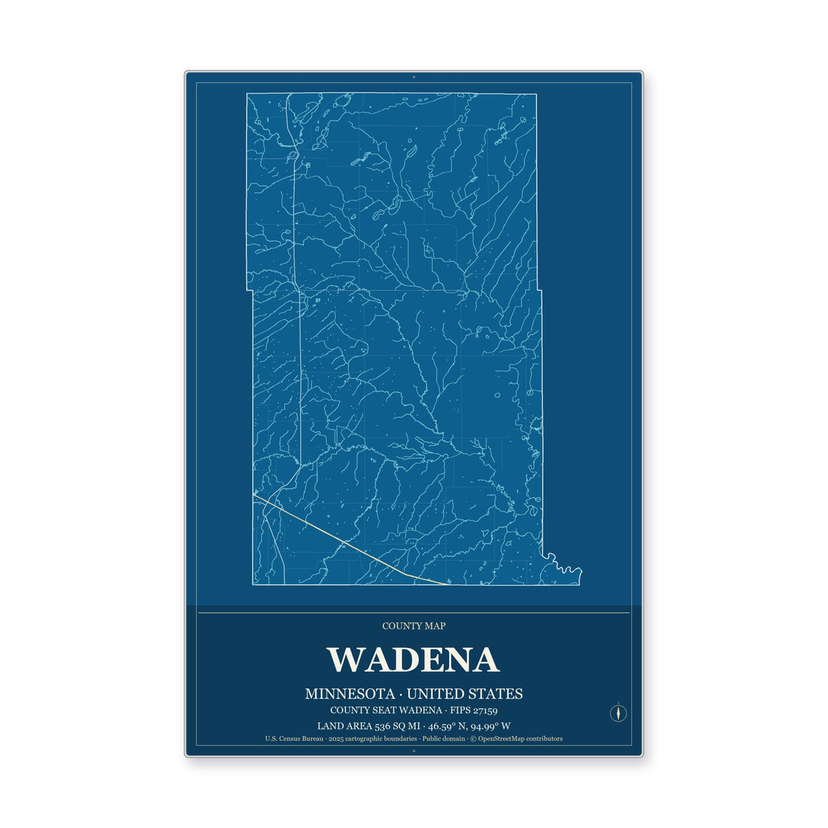 Wadena County, Minnesota Map Aluminum Sign in Harbor Cobalt style
