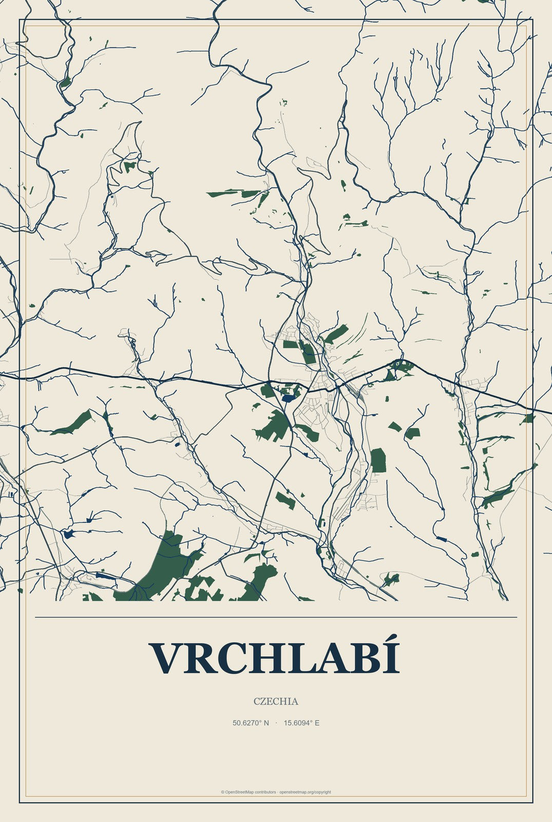 Vrchlabí, Czechia City Map Aluminum Sign in Coastal Cutout style
