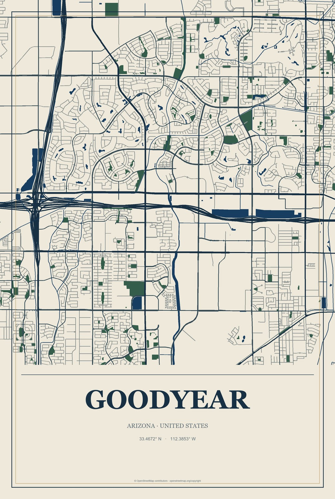 Goodyear, Arizona City Map Aluminum Sign in Coastal Cutout style