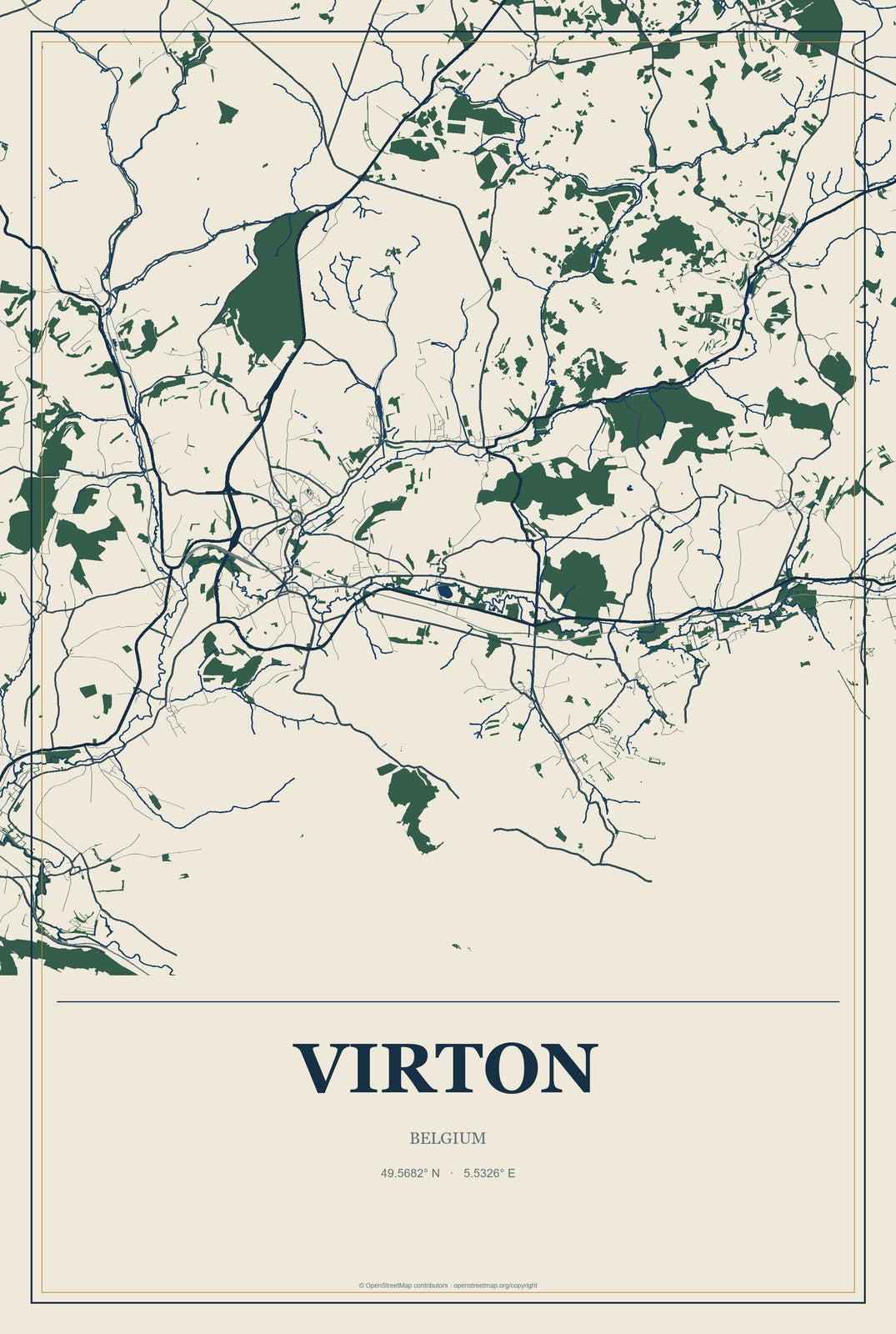 Virton, Belgium City Map Aluminum Sign in Coastal Cutout style