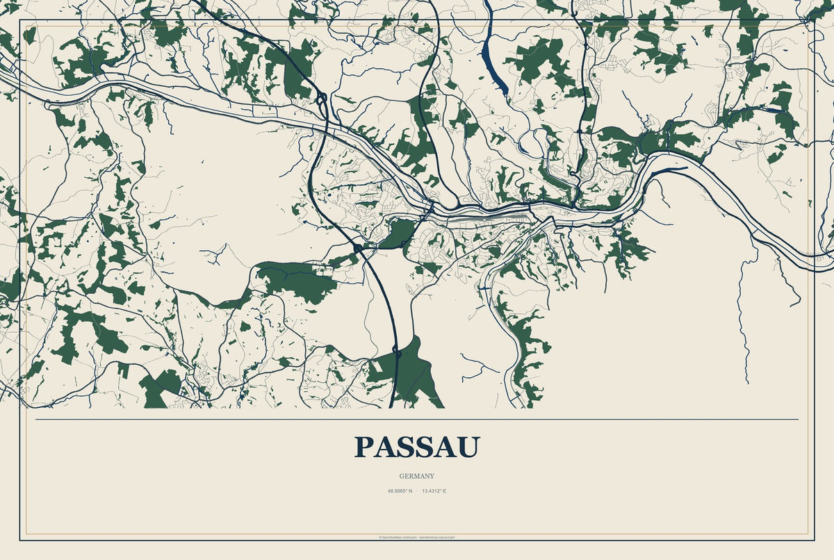 Passau, Germany City Map Aluminum Sign in Coastal Cutout style