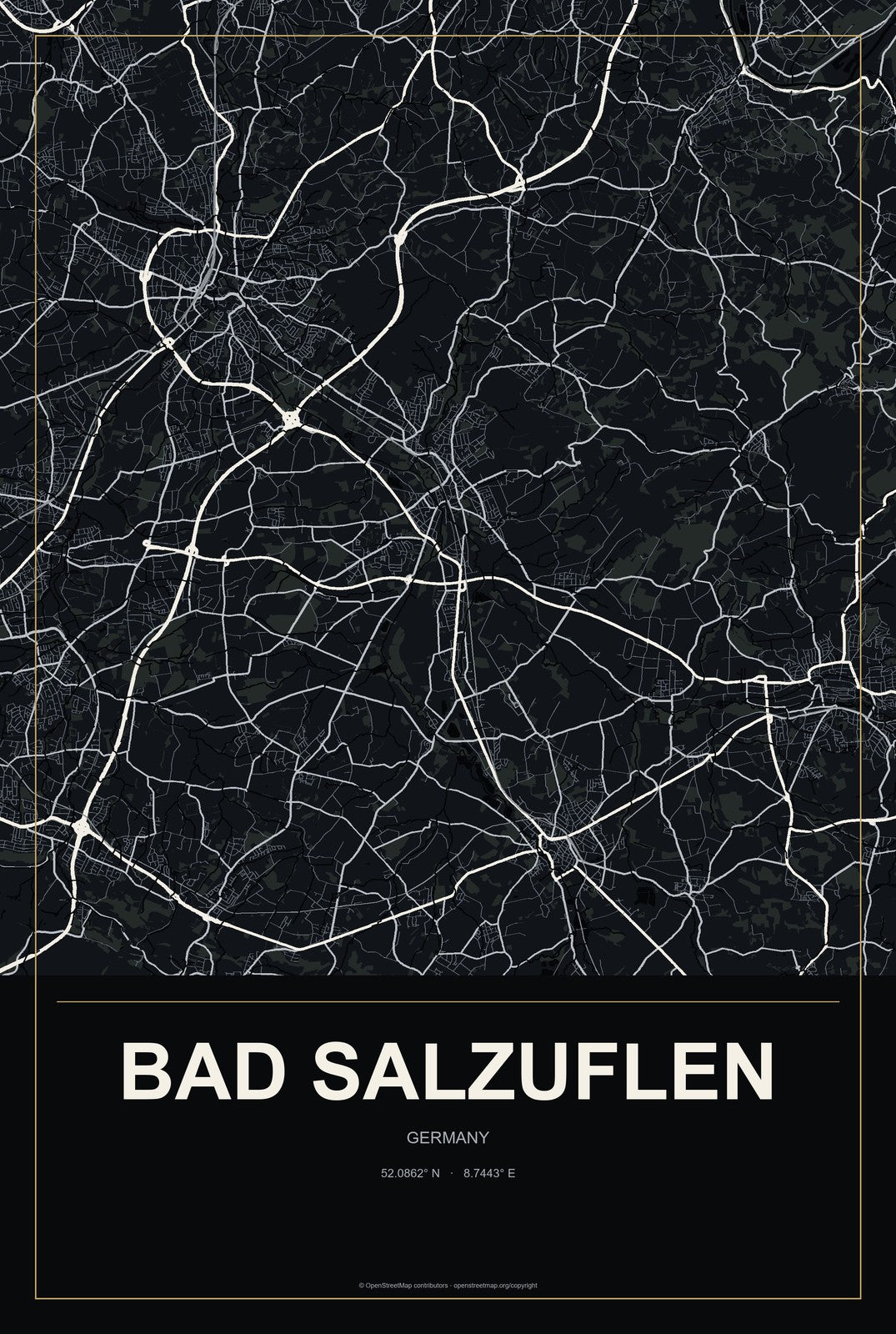 Bad Salzuflen, Germany City Map Aluminum Sign in Metropolitan Noir style