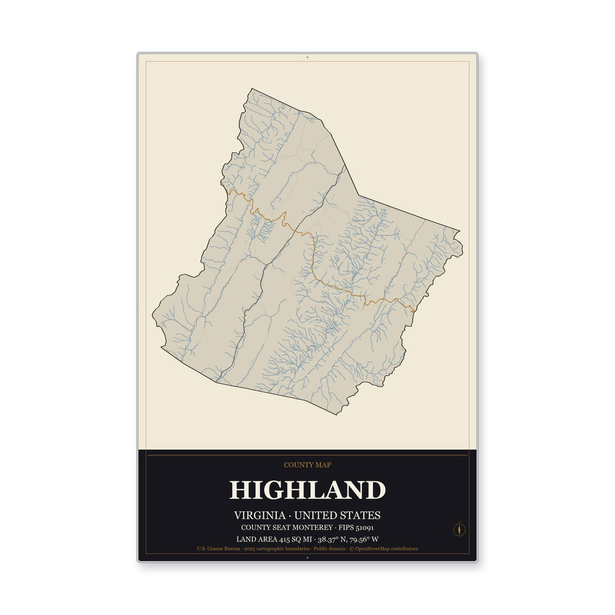 Highland County, Virginia Map Aluminum Sign in Museum Plaque style