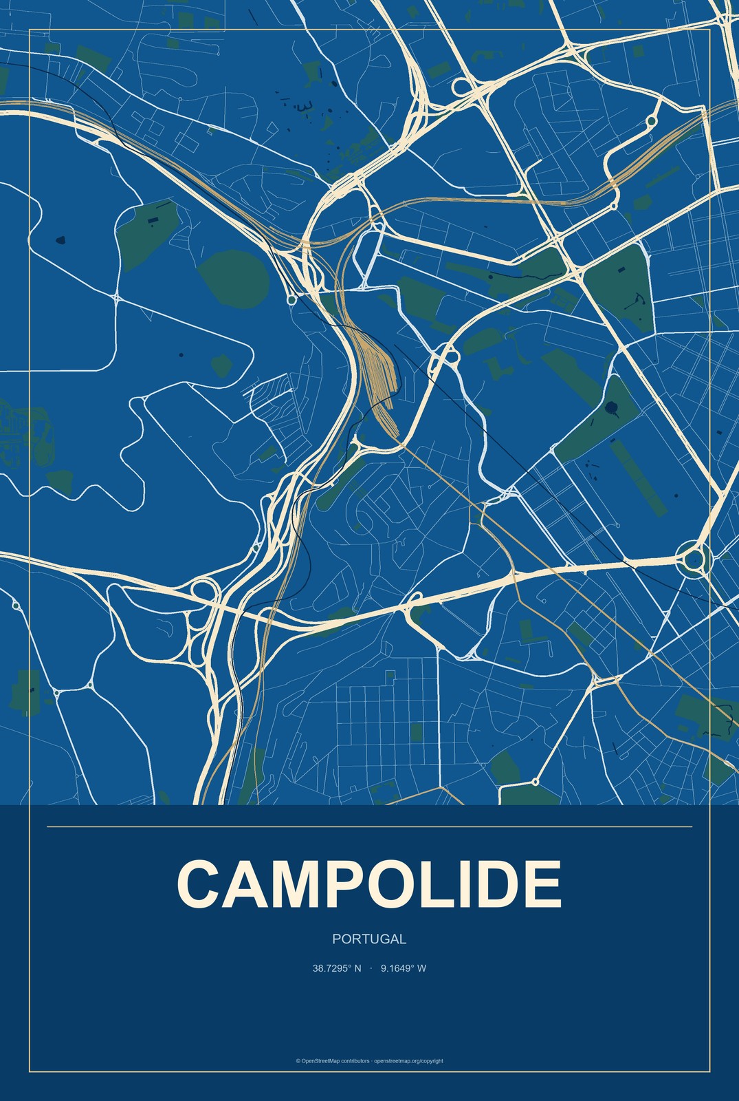 Campolide, Portugal City Map Aluminum Sign in Harbor Cobalt style
