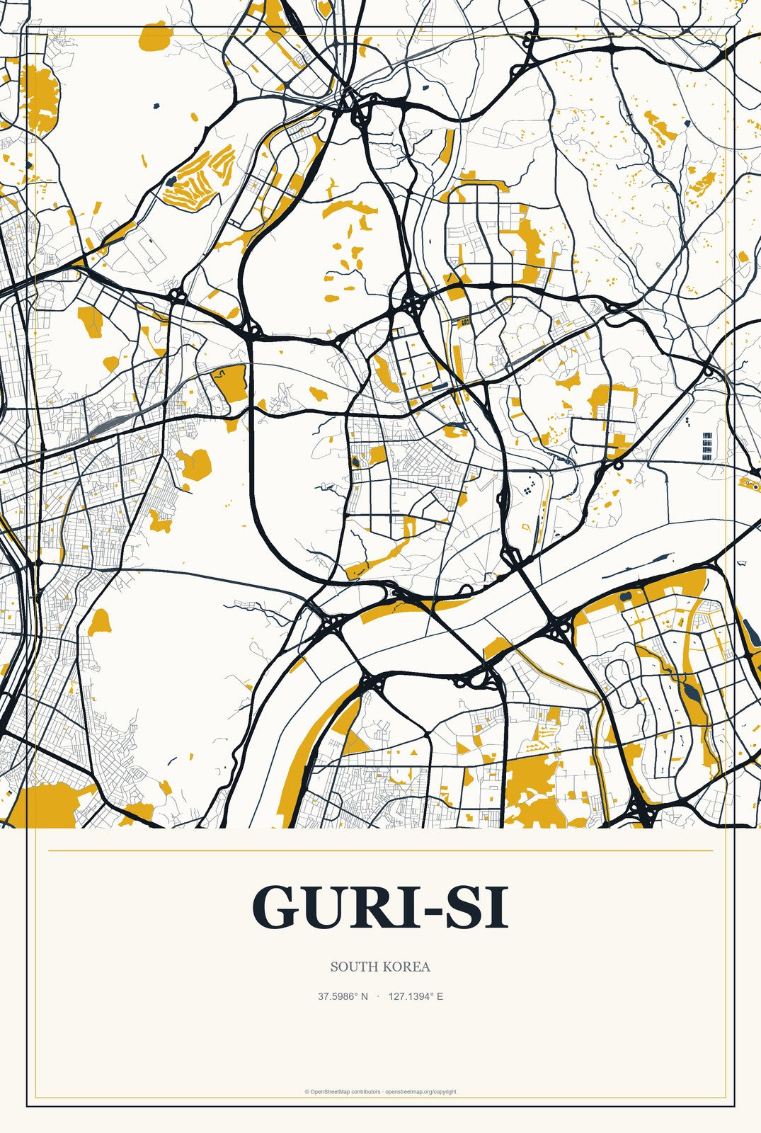Guri-si, South Korea City Map Aluminum Sign in Citrine Modern style