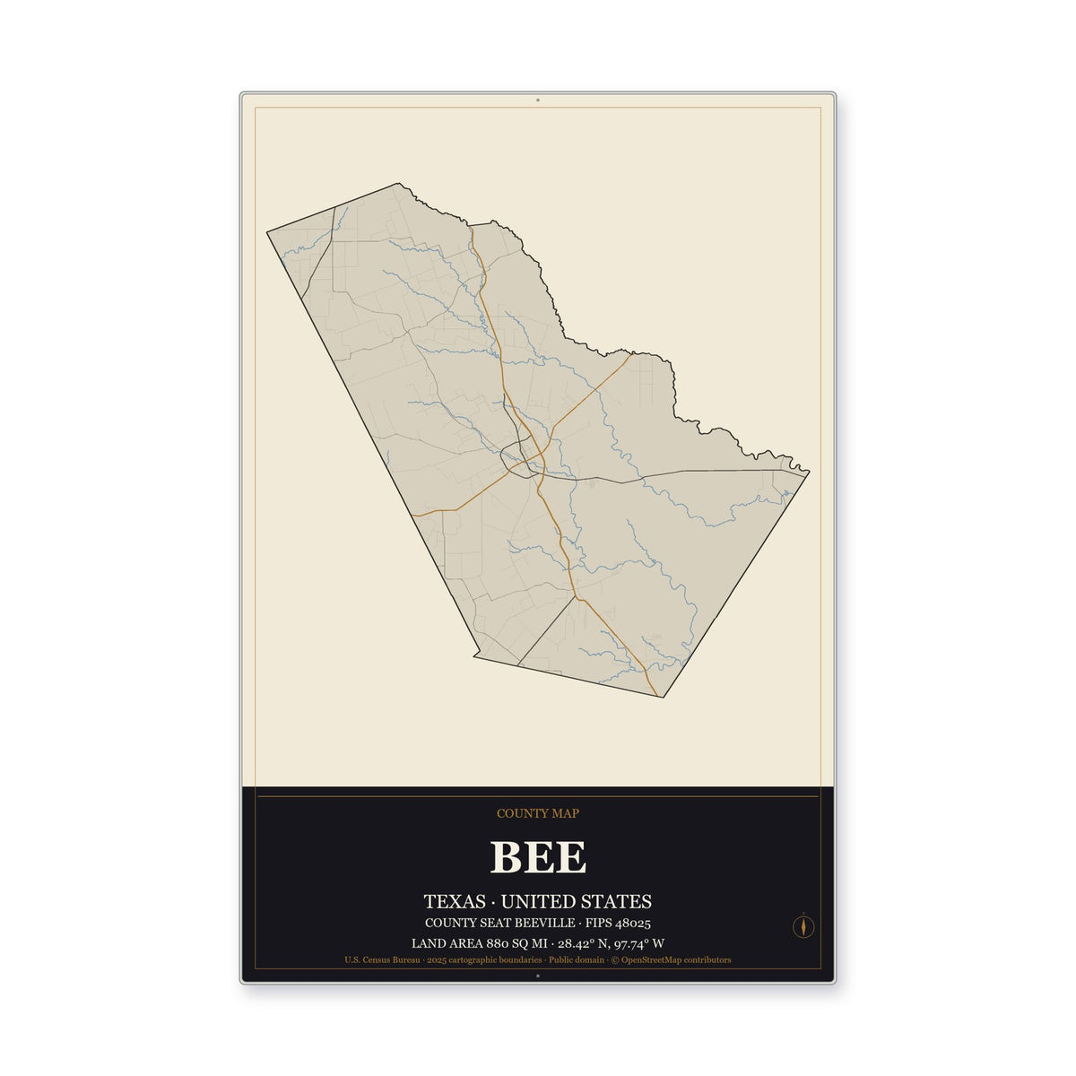 Bee County, Texas Map Aluminum Sign in Museum Plaque style