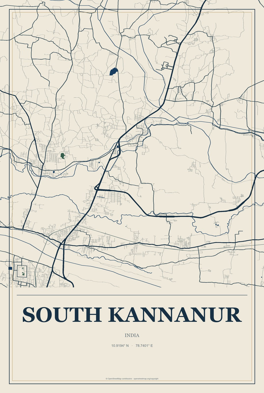 South Kannanur, India City Map Aluminum Sign in Coastal Cutout style