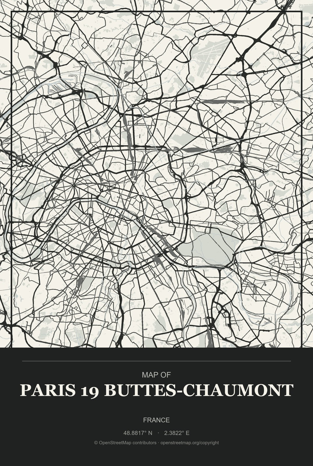 Paris 19 Buttes-Chaumont, France City Map Aluminum Sign in Museum Plaque style