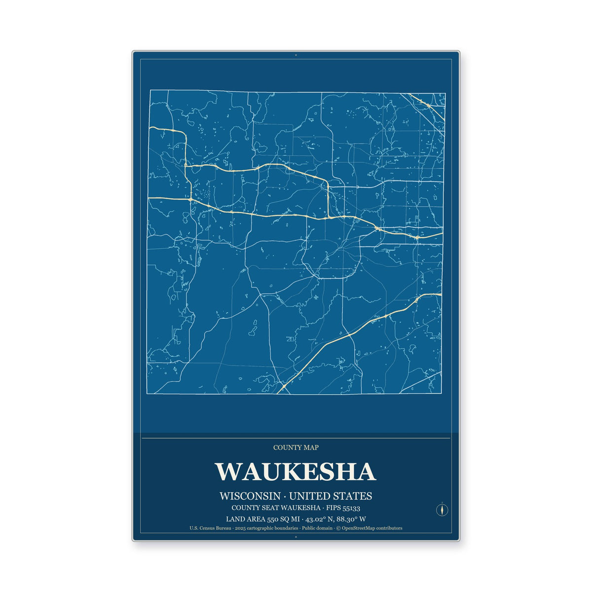 Waukesha County, Wisconsin Map Aluminum Sign in Harbor Cobalt style