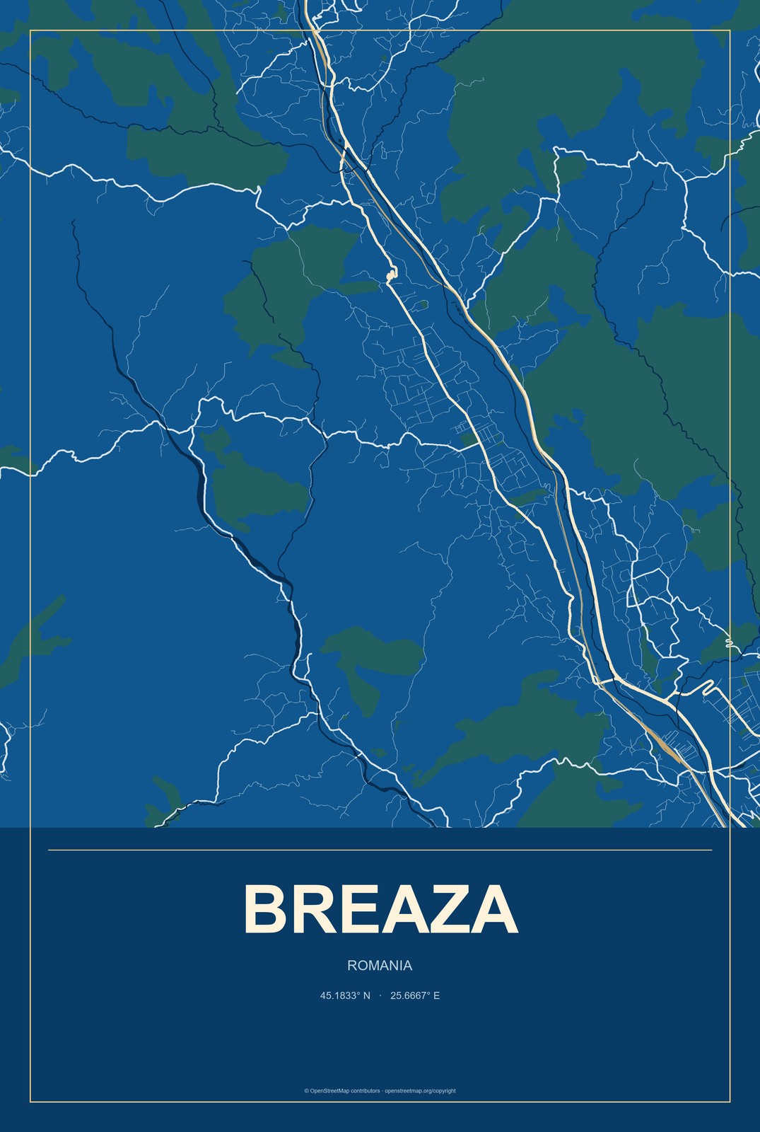 Breaza, Romania City Map Aluminum Sign in Harbor Cobalt style
