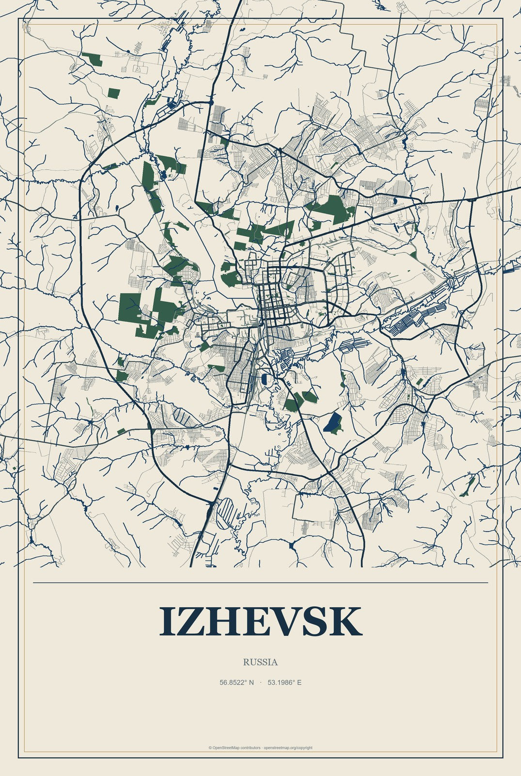 Izhevsk, Russia City Map Aluminum Sign in Coastal Cutout style
