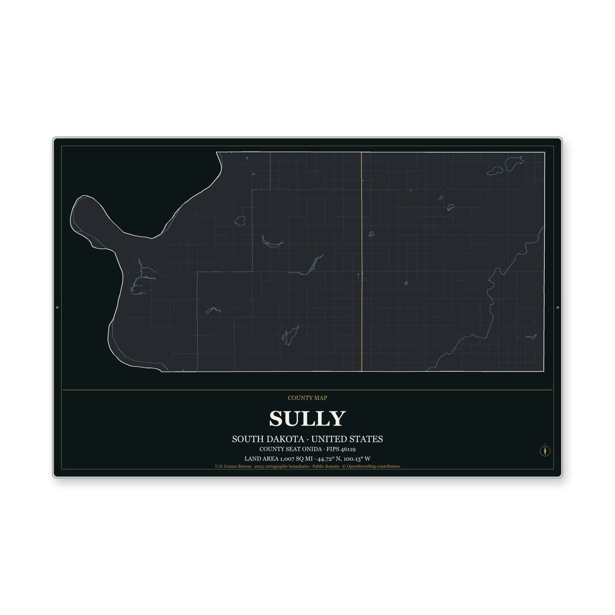 Sully County, South Dakota Map Aluminum Sign in Metropolitan Noir style