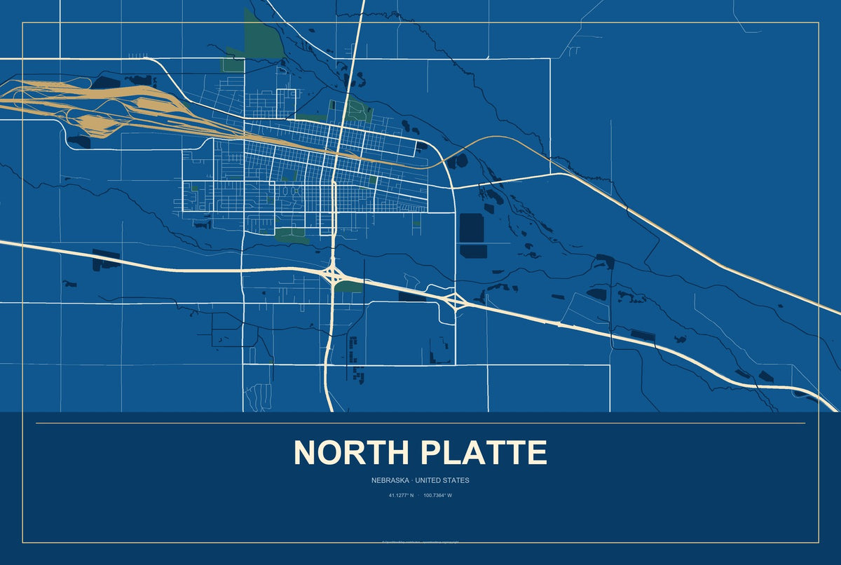 North Platte, Nebraska City Map Aluminum Sign in Harbor Cobalt style
