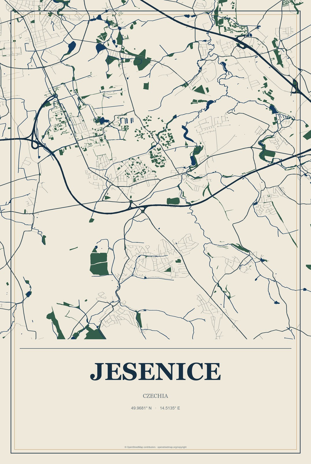 Jesenice, Czechia City Map Aluminum Sign in Coastal Cutout style