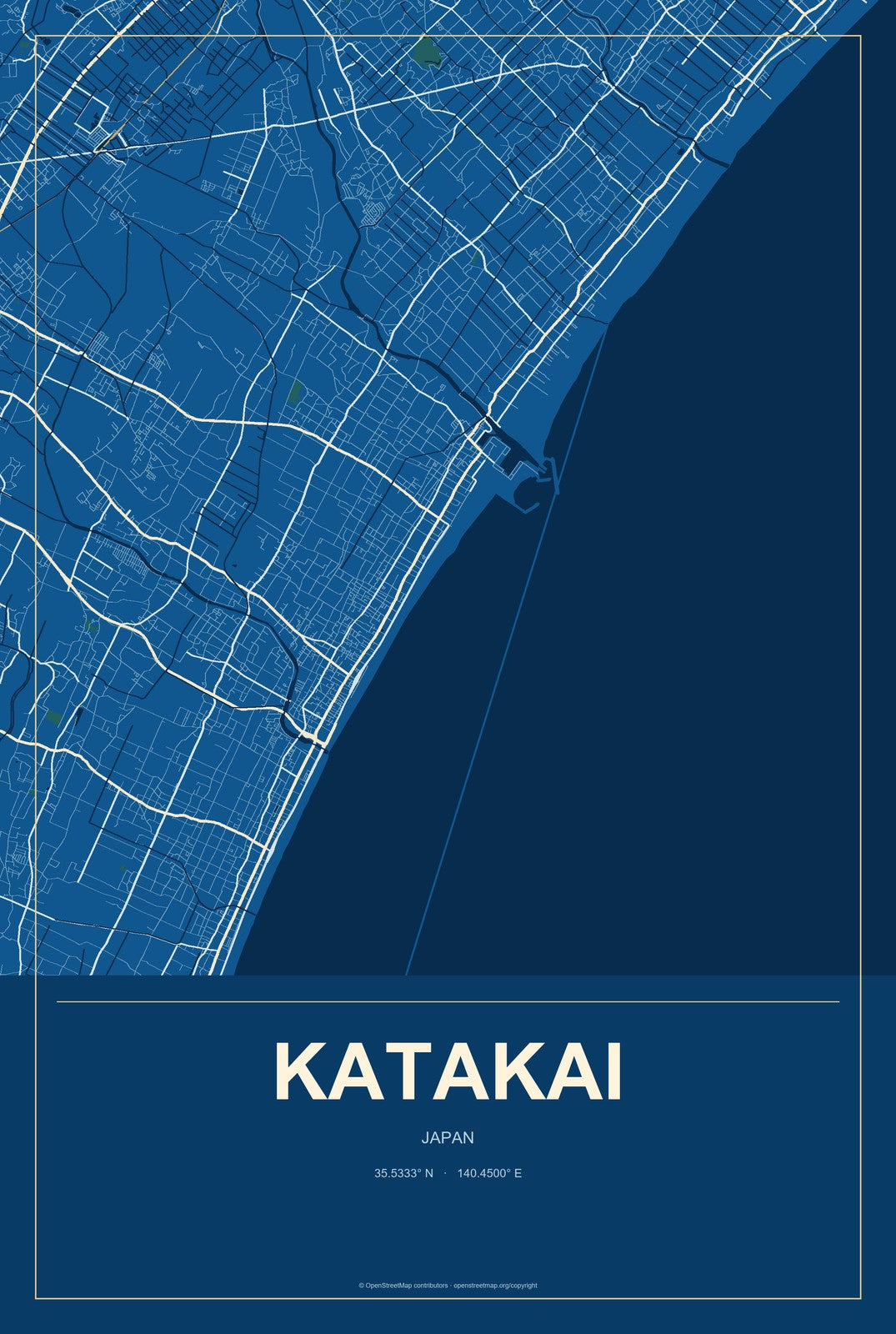 Katakai, Japan City Map Aluminum Sign in Harbor Cobalt style