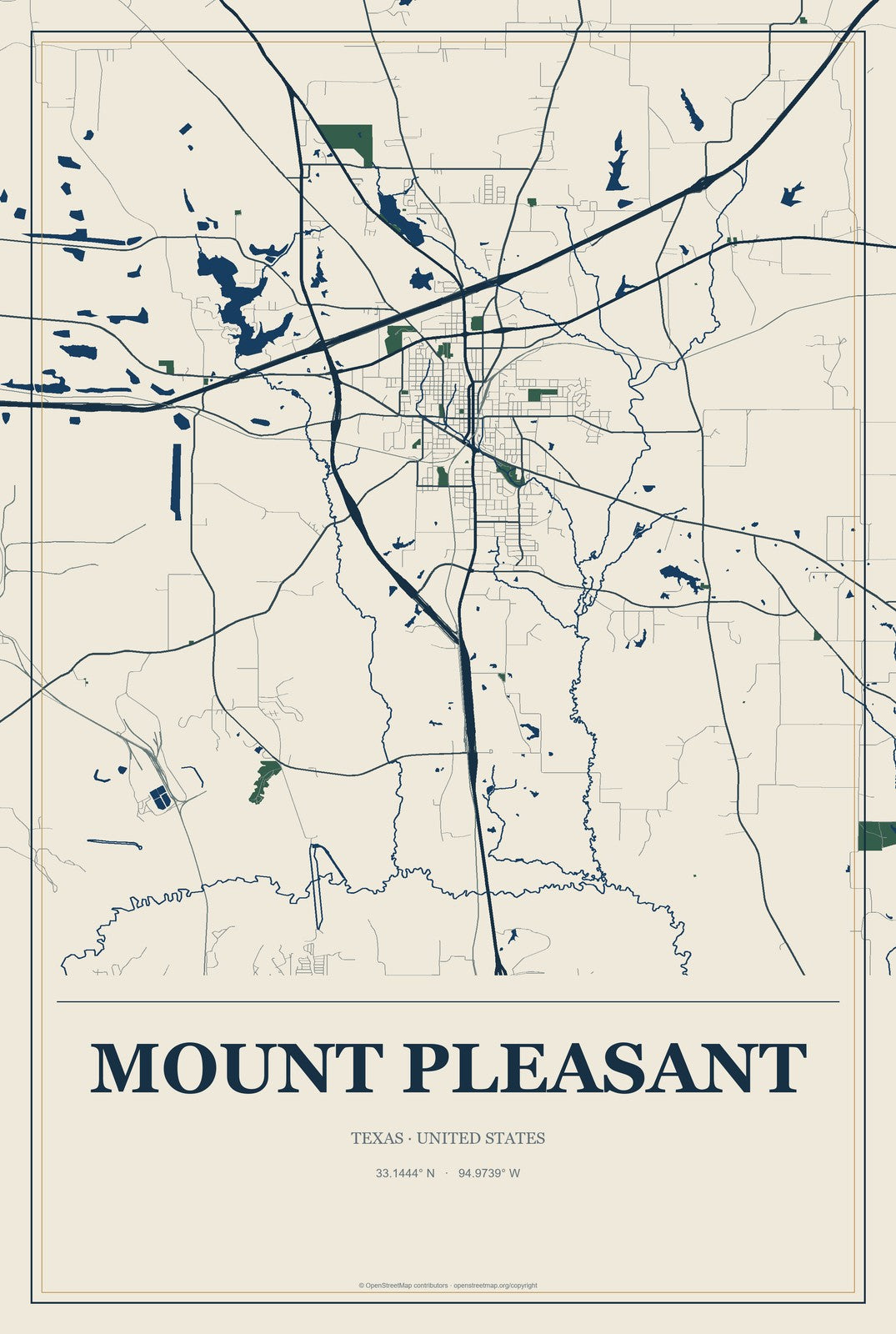 Mount Pleasant, Texas City Map Aluminum Sign in Coastal Cutout style