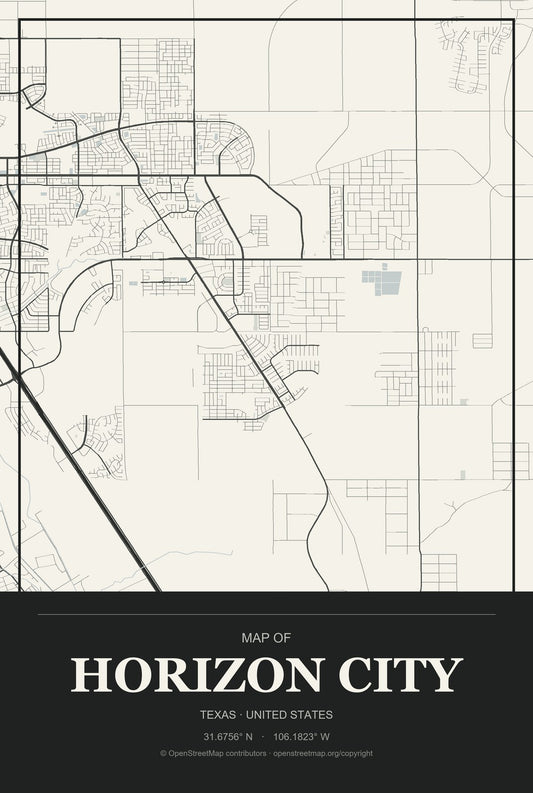 Horizon City, Texas City Map Aluminum Sign in Museum Plaque style