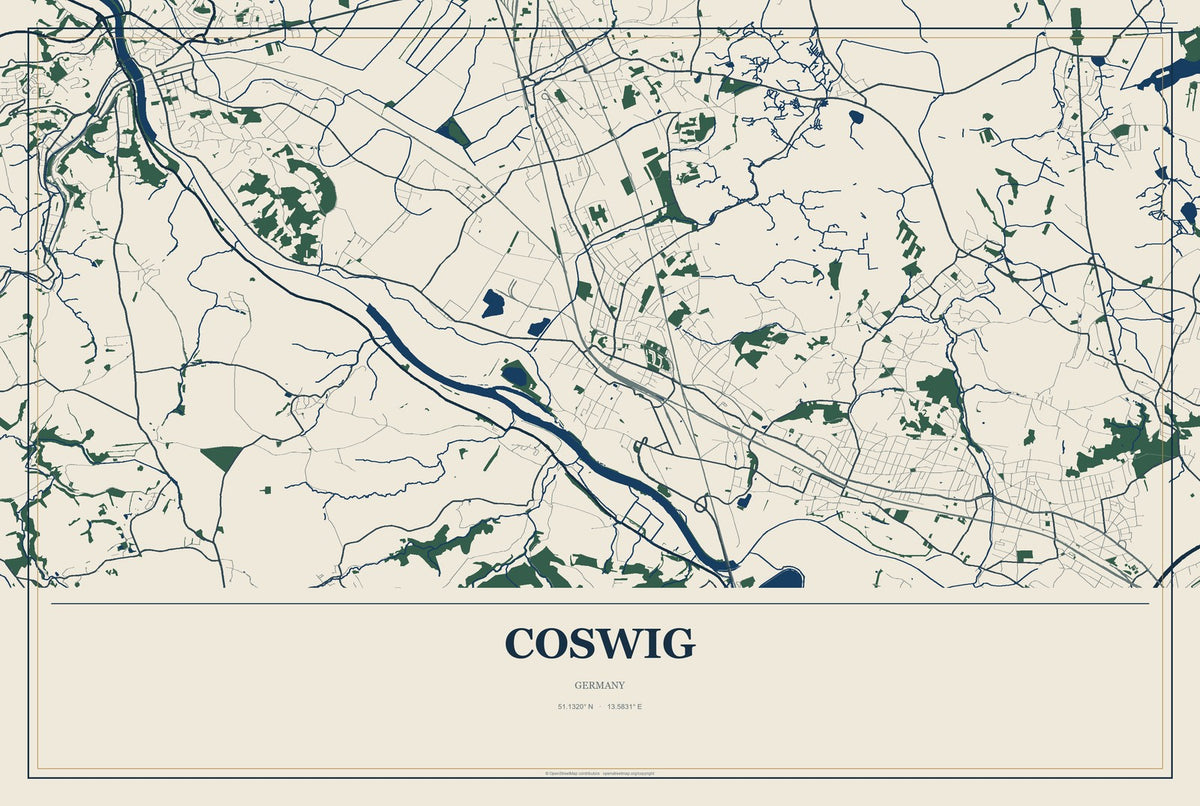 Coswig, Germany City Map Aluminum Sign in Coastal Cutout style