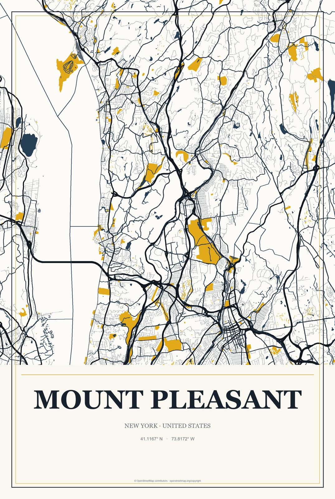 Mount Pleasant, New York City Map Aluminum Sign in Citrine Modern style