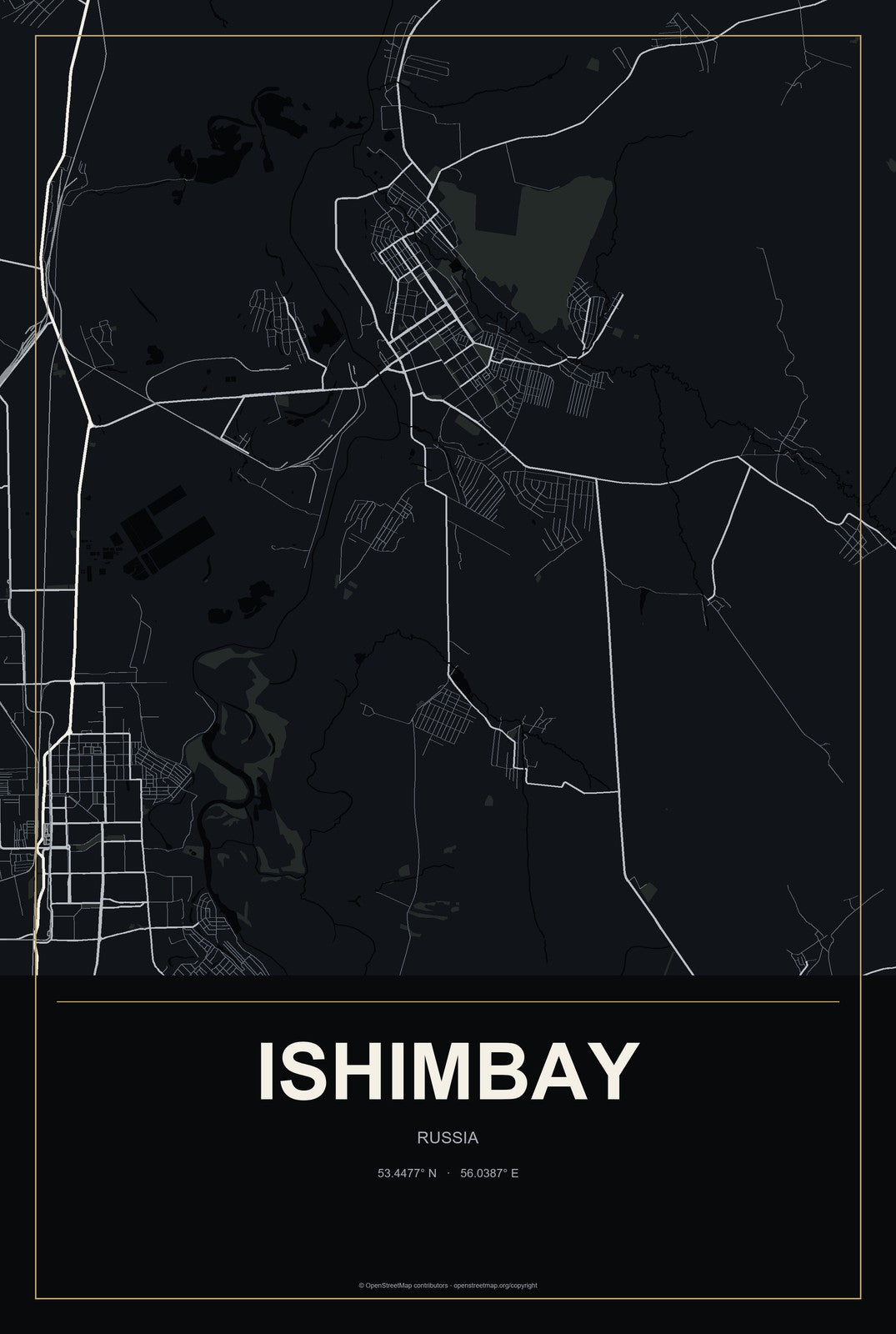 Ishimbay, Russia City Map Aluminum Sign in Metropolitan Noir style