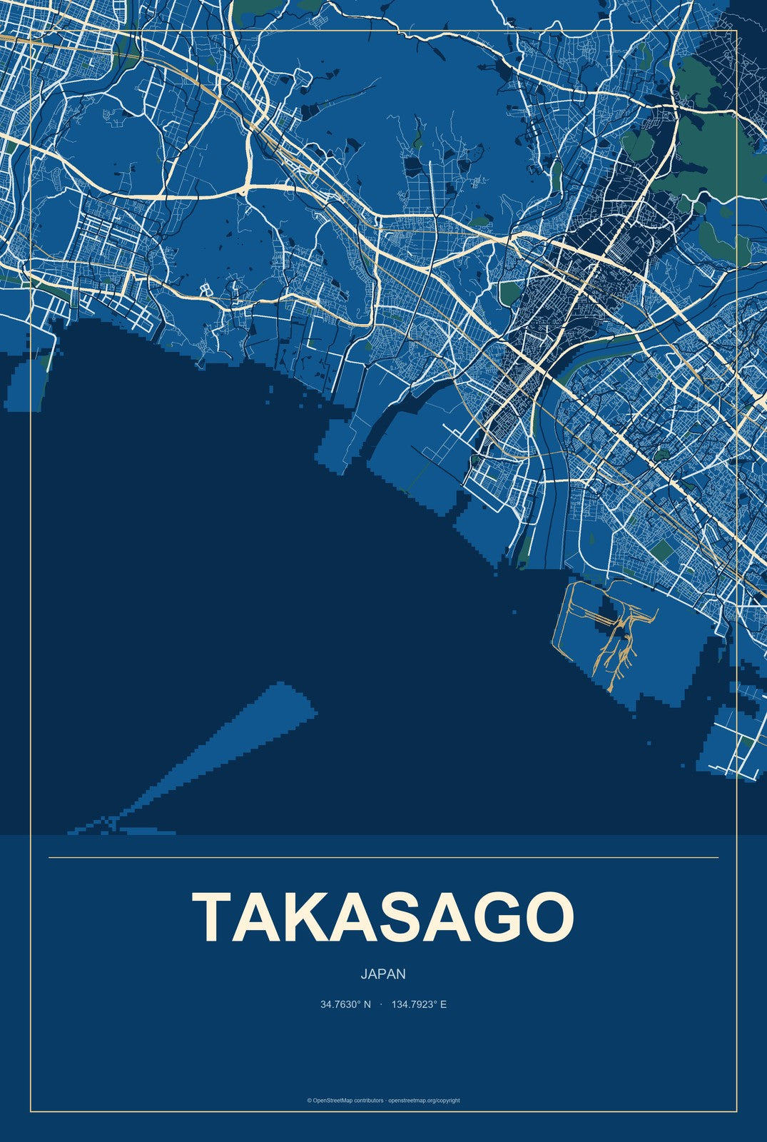 Takasago, Japan City Map Aluminum Sign in Harbor Cobalt style