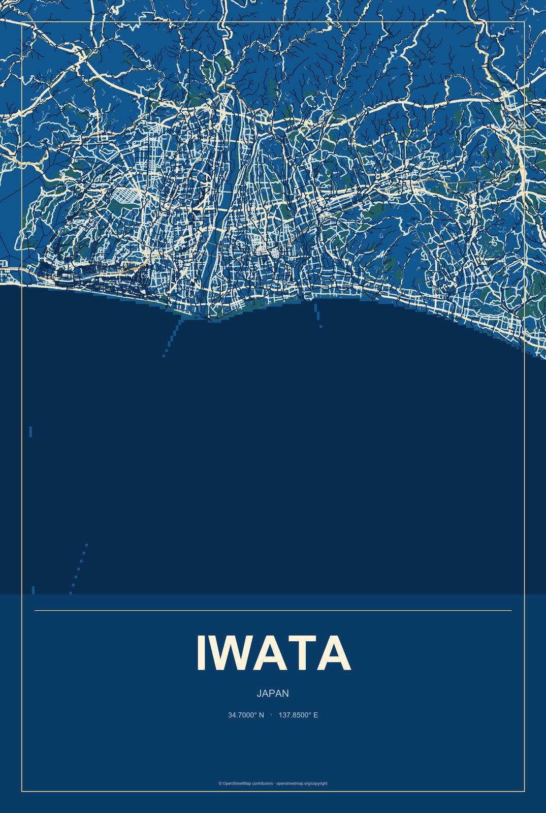 Iwata, Japan City Map Aluminum Sign in Harbor Cobalt style