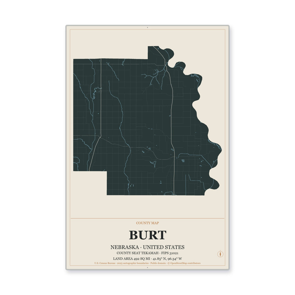 Burt County, Nebraska Map Aluminum Sign in Headline Atlas style