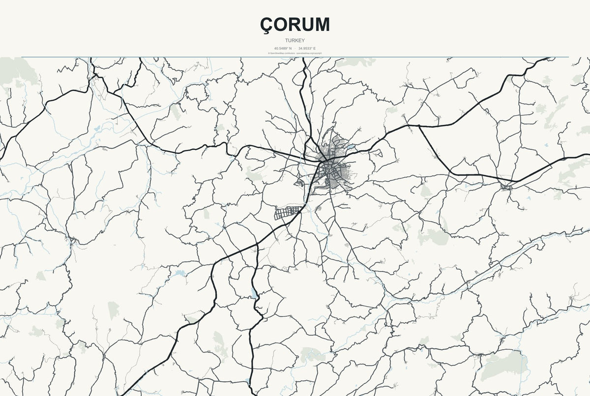 Çorum, Turkey City Map Aluminum Sign in Headline Atlas style