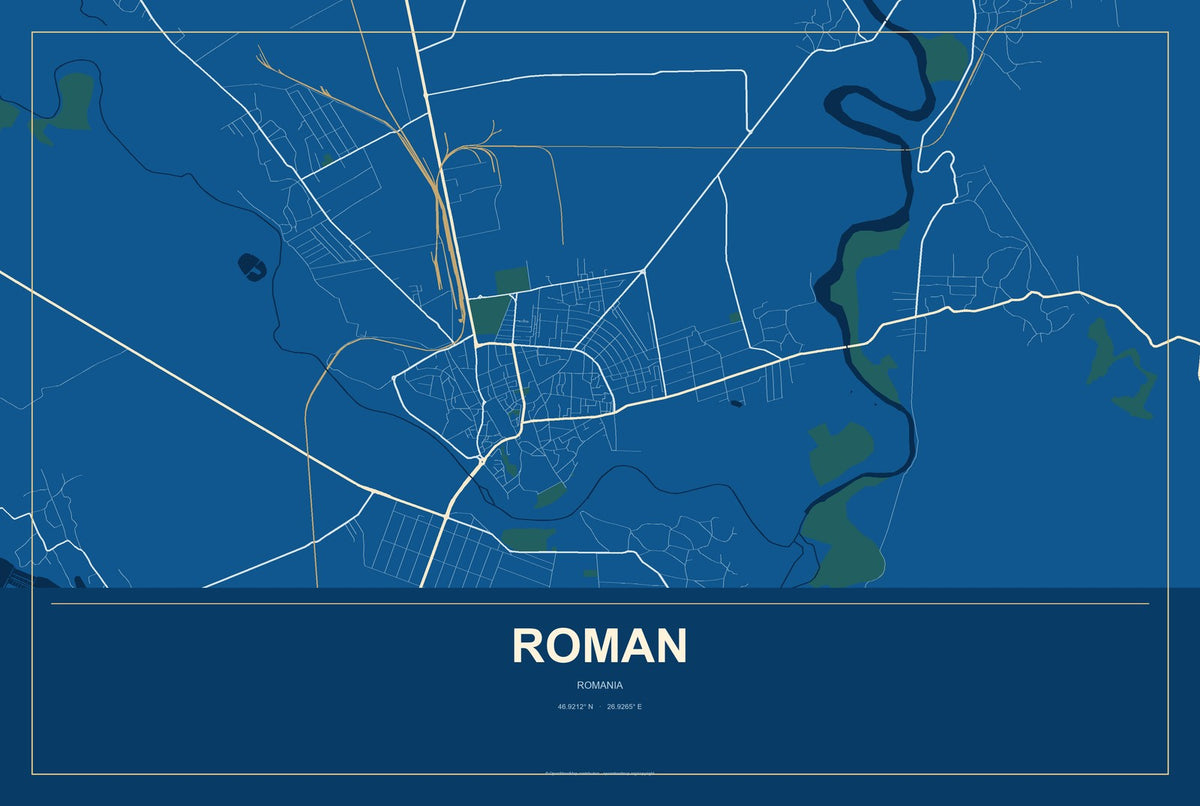 Roman, Romania City Map Aluminum Sign in Harbor Cobalt style