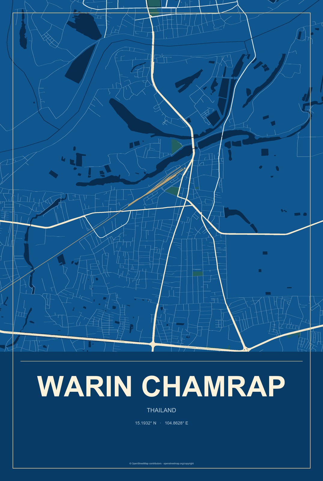 Warin Chamrap, Thailand City Map Aluminum Sign in Harbor Cobalt style