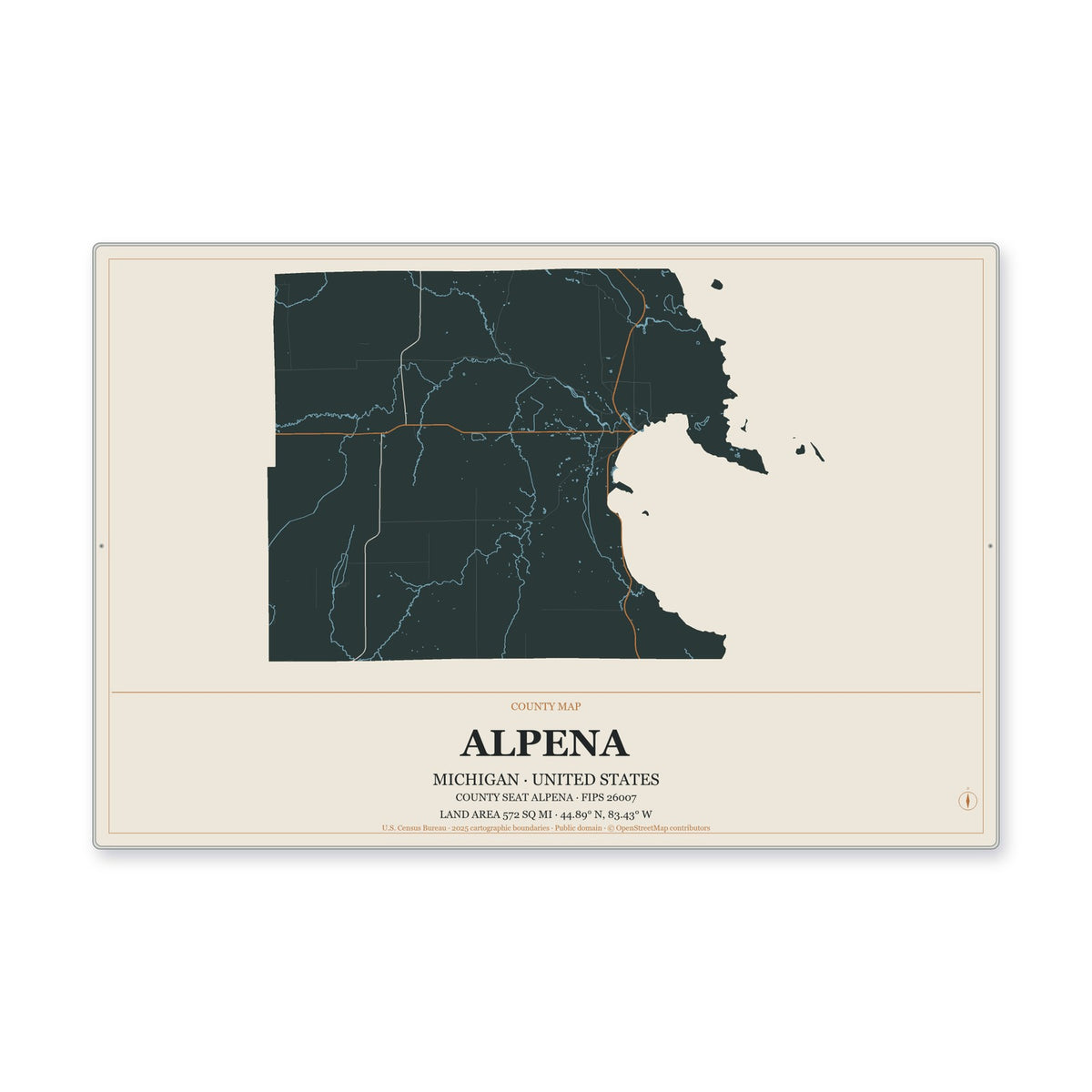 Alpena County, Michigan Map Aluminum Sign in Headline Atlas style