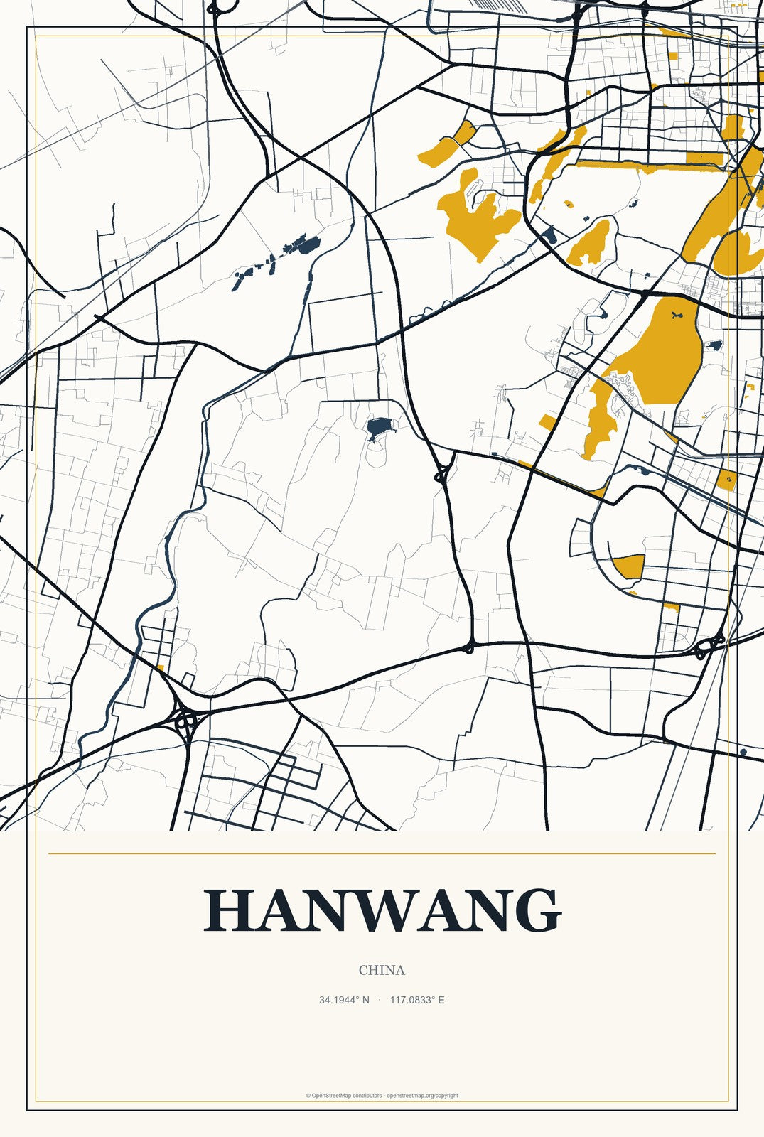 Hanwang, Gansu, China City Map Aluminum Sign in Citrine Modern style