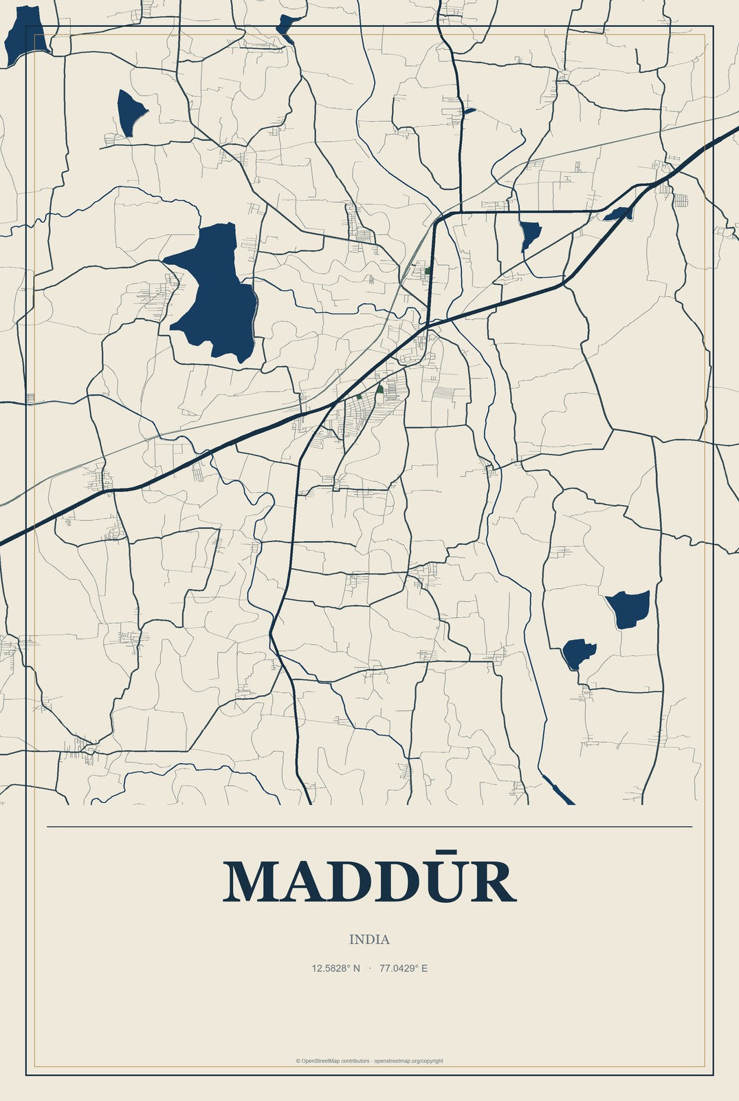 Maddūr, India City Map Aluminum Sign in Coastal Cutout style