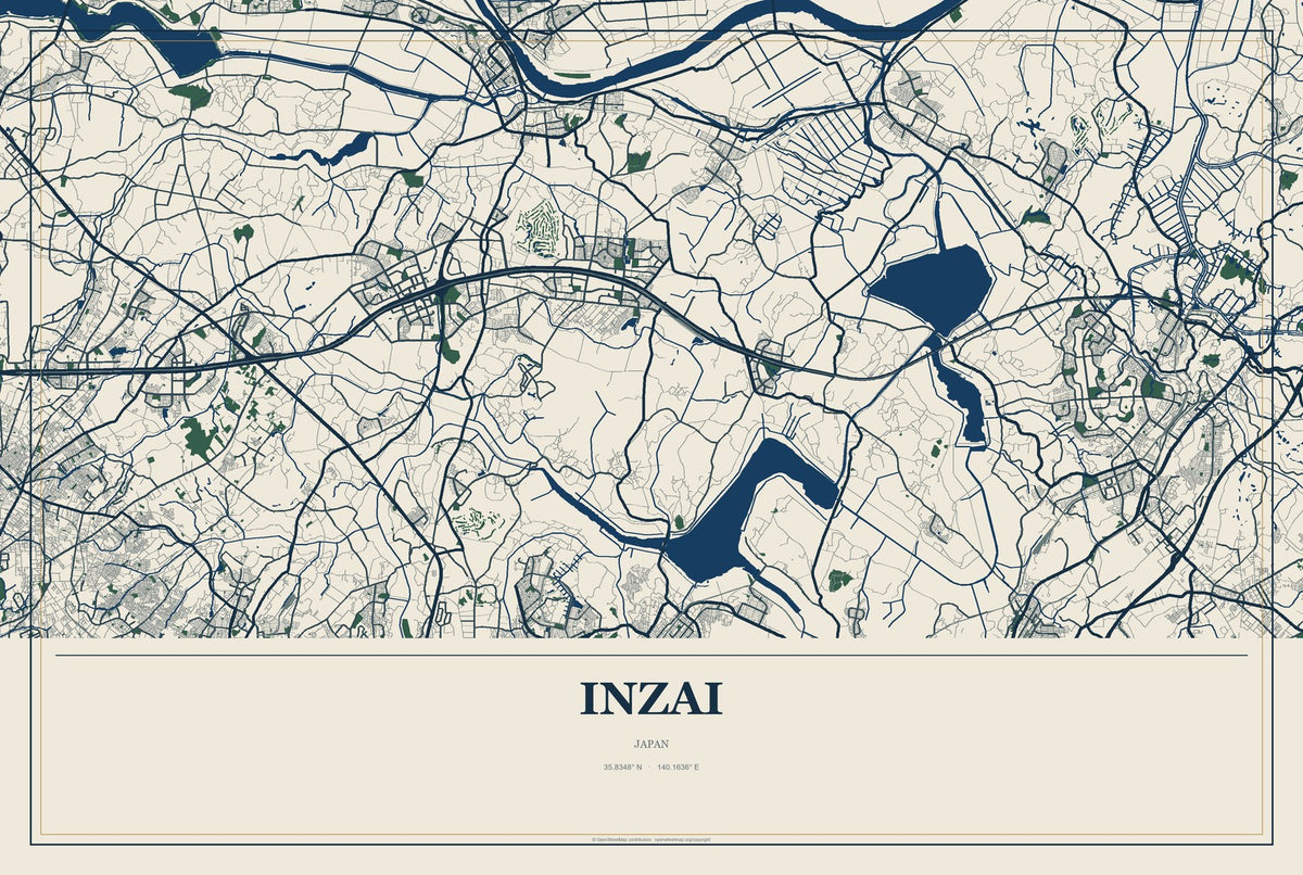 Inzai, Japan City Map Aluminum Sign in Coastal Cutout style
