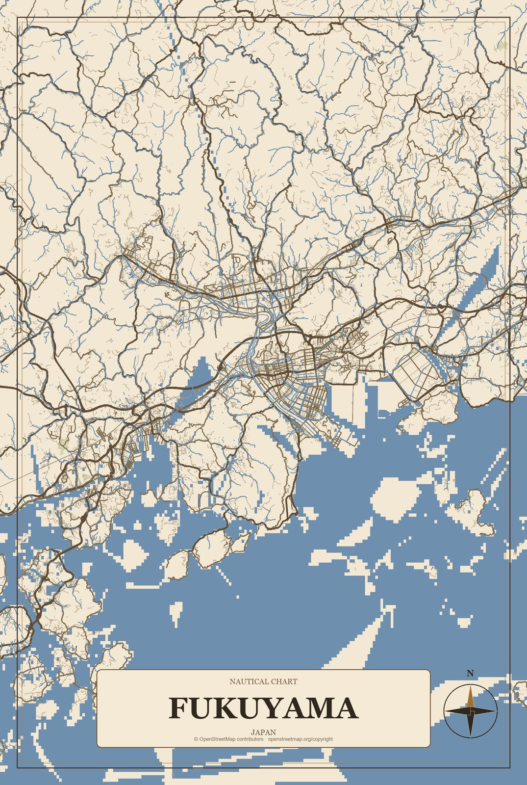 Fukuyama, Japan City Map Aluminum Sign in Heritage Nautical style