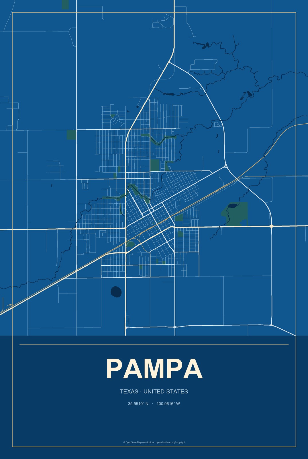 Pampa, Texas City Map Aluminum Sign in Harbor Cobalt style