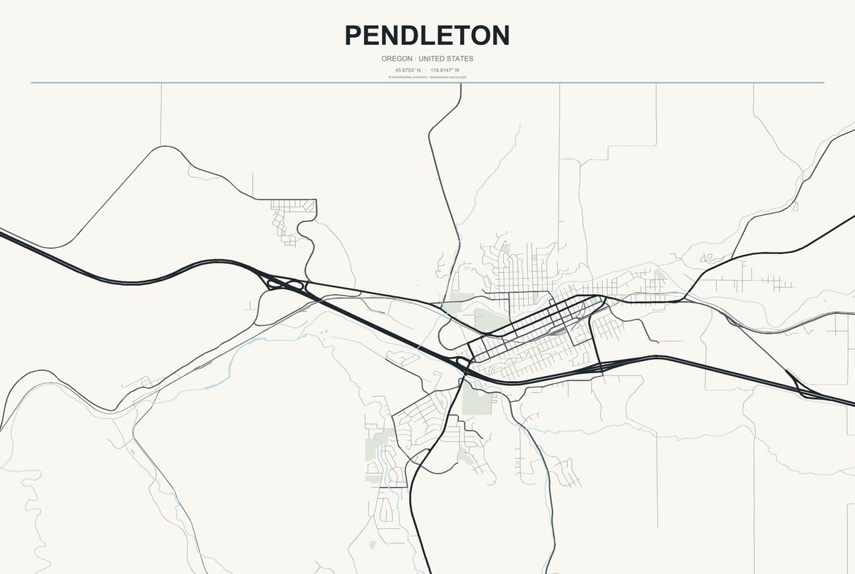 Pendleton, Oregon City Map Aluminum Sign in Headline Atlas style