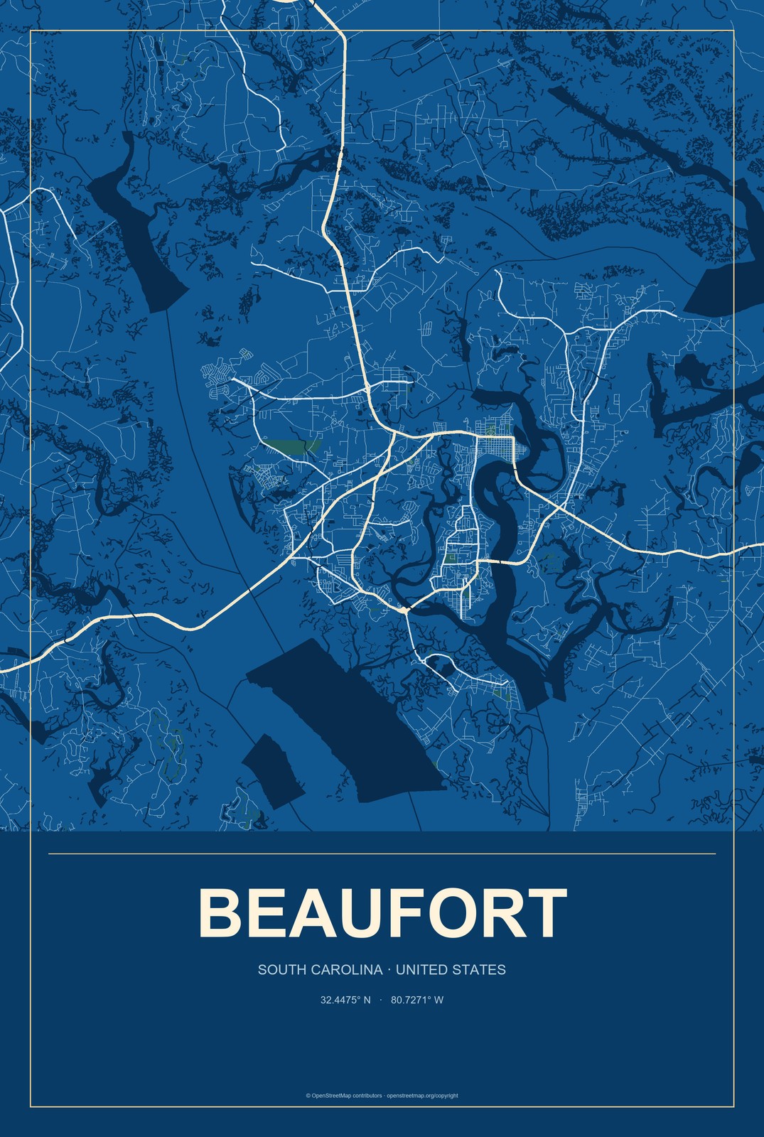 Beaufort, South Carolina City Map Aluminum Sign in Harbor Cobalt style