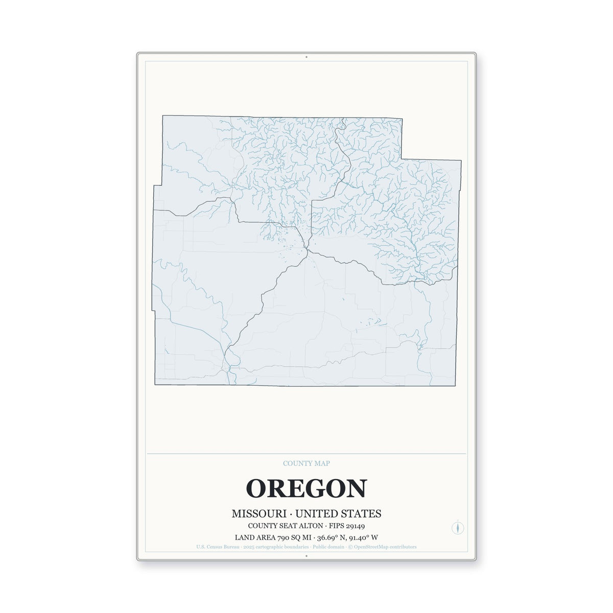 Oregon County, Missouri Map Aluminum Sign in Gallery Air style