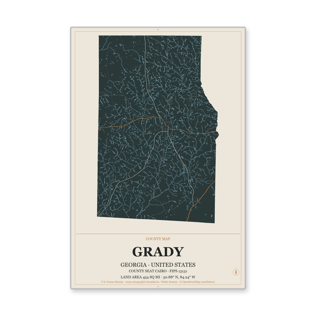 Grady County, Georgia Map Aluminum Sign in Headline Atlas style