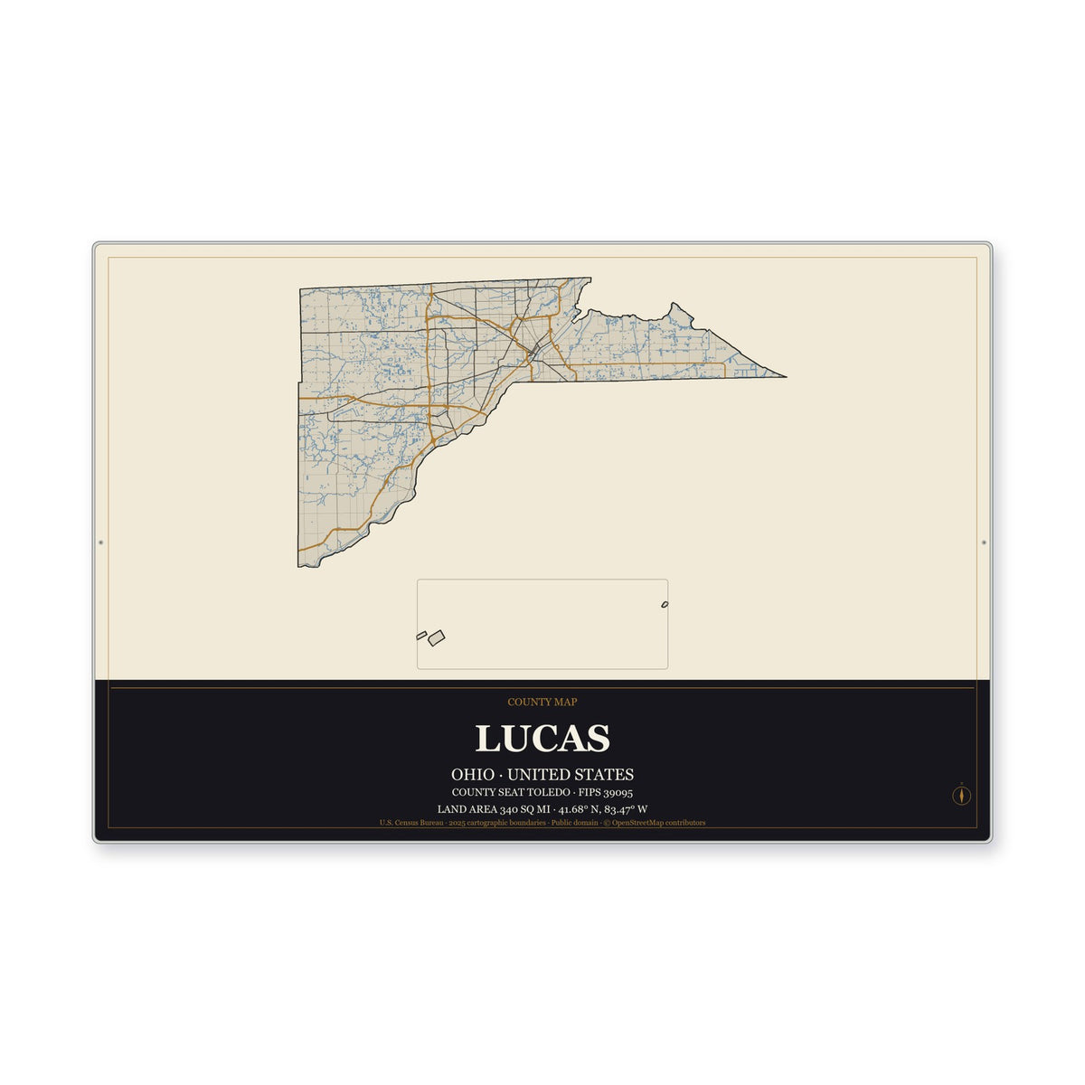 Lucas County, Ohio Map Aluminum Sign in Museum Plaque style