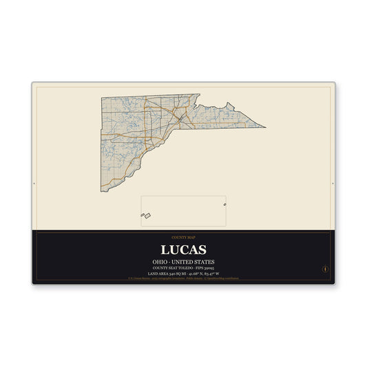 Lucas County, Ohio Map Aluminum Sign in Museum Plaque style