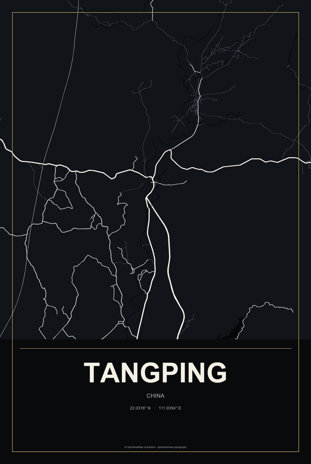 Tangping, China City Map Aluminum Sign in Metropolitan Noir style