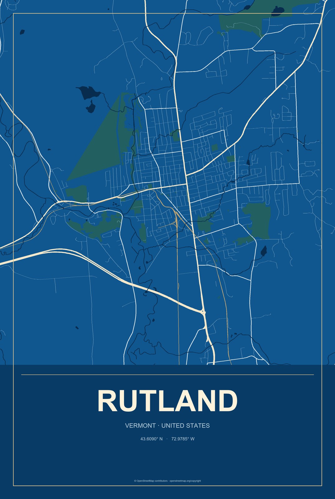 Rutland, Vermont City Map Aluminum Sign in Harbor Cobalt style