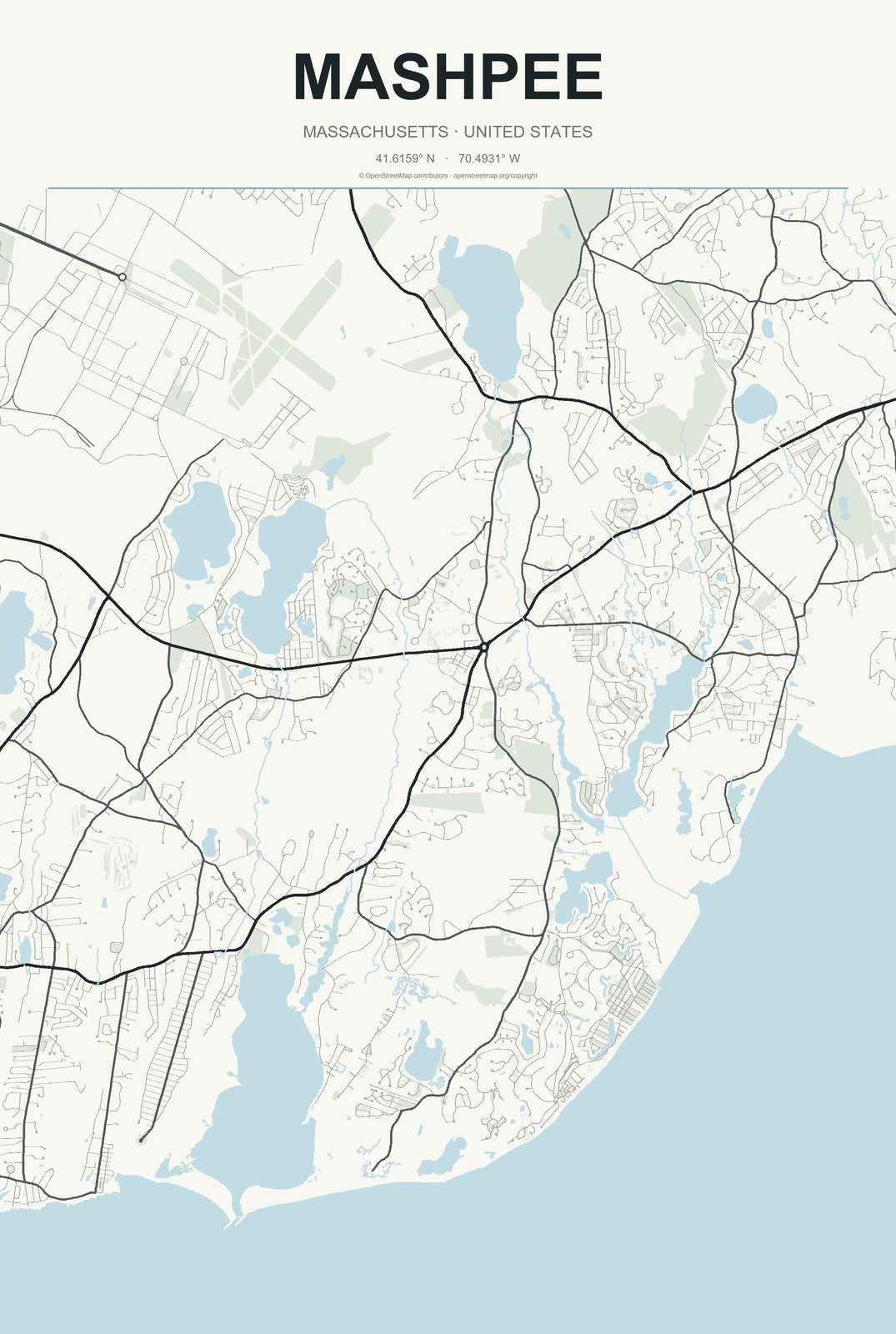 Mashpee, Massachusetts City Map Aluminum Sign in Headline Atlas style