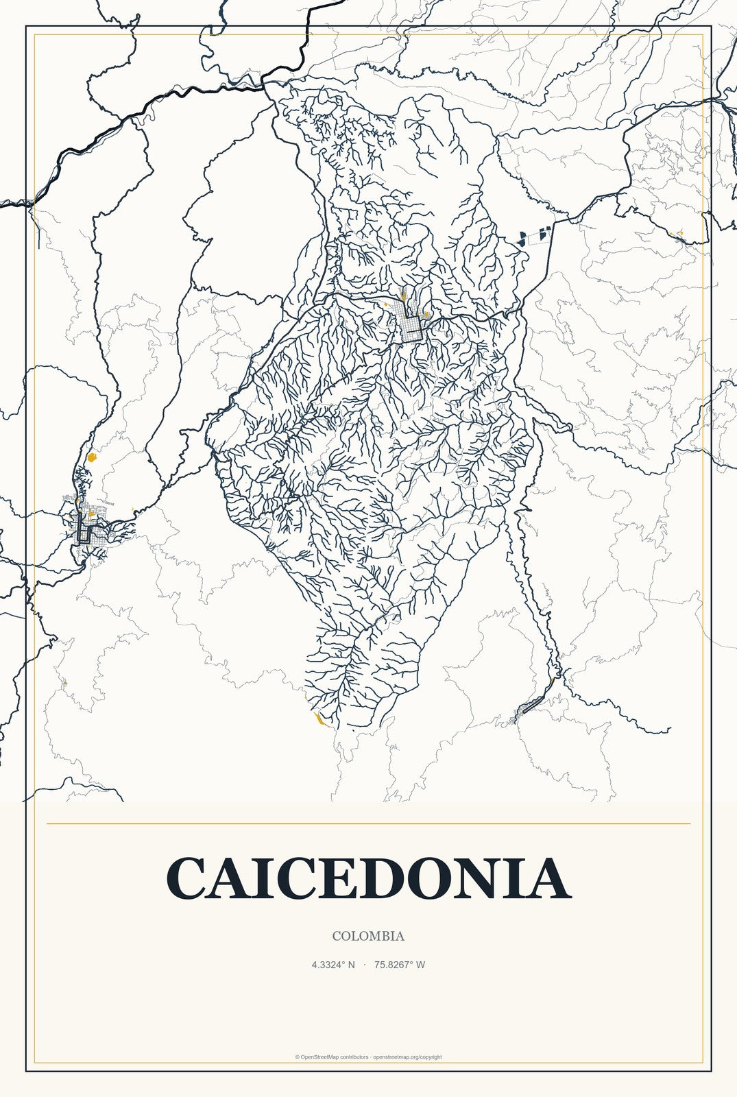 Caicedonia, Colombia City Map Aluminum Sign in Citrine Modern style