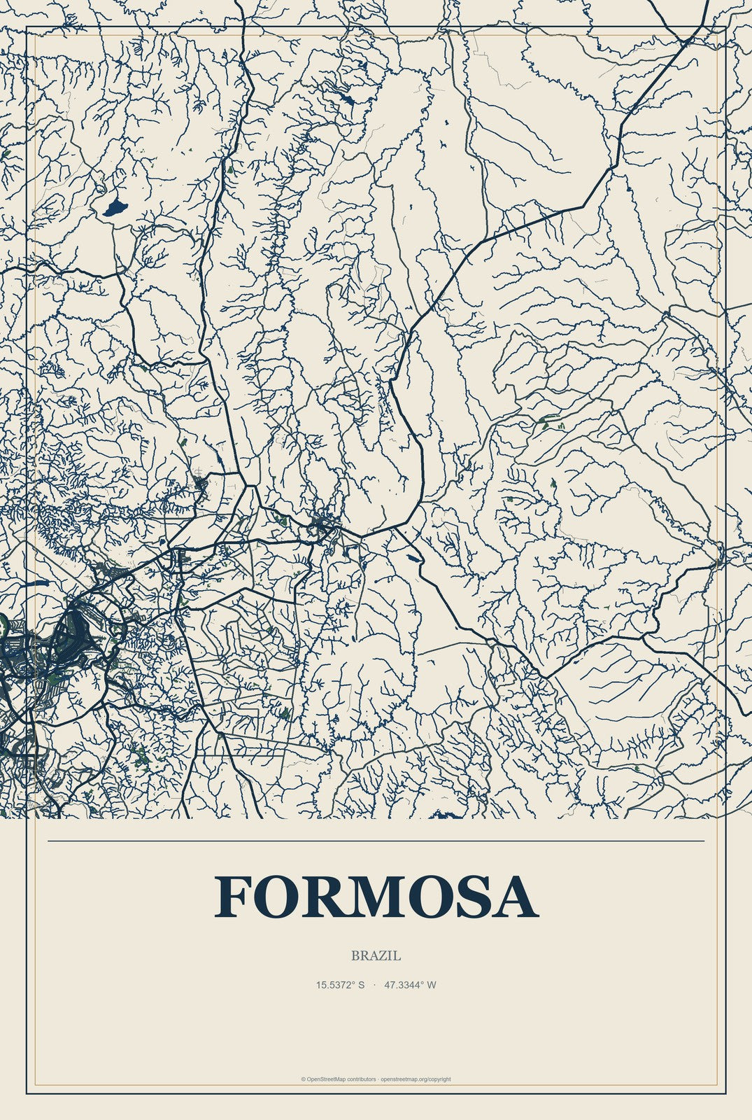 Formosa, Brazil City Map Aluminum Sign in Coastal Cutout style